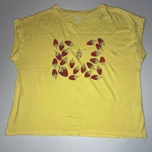 Yellow graphic muscle tee with strawberries